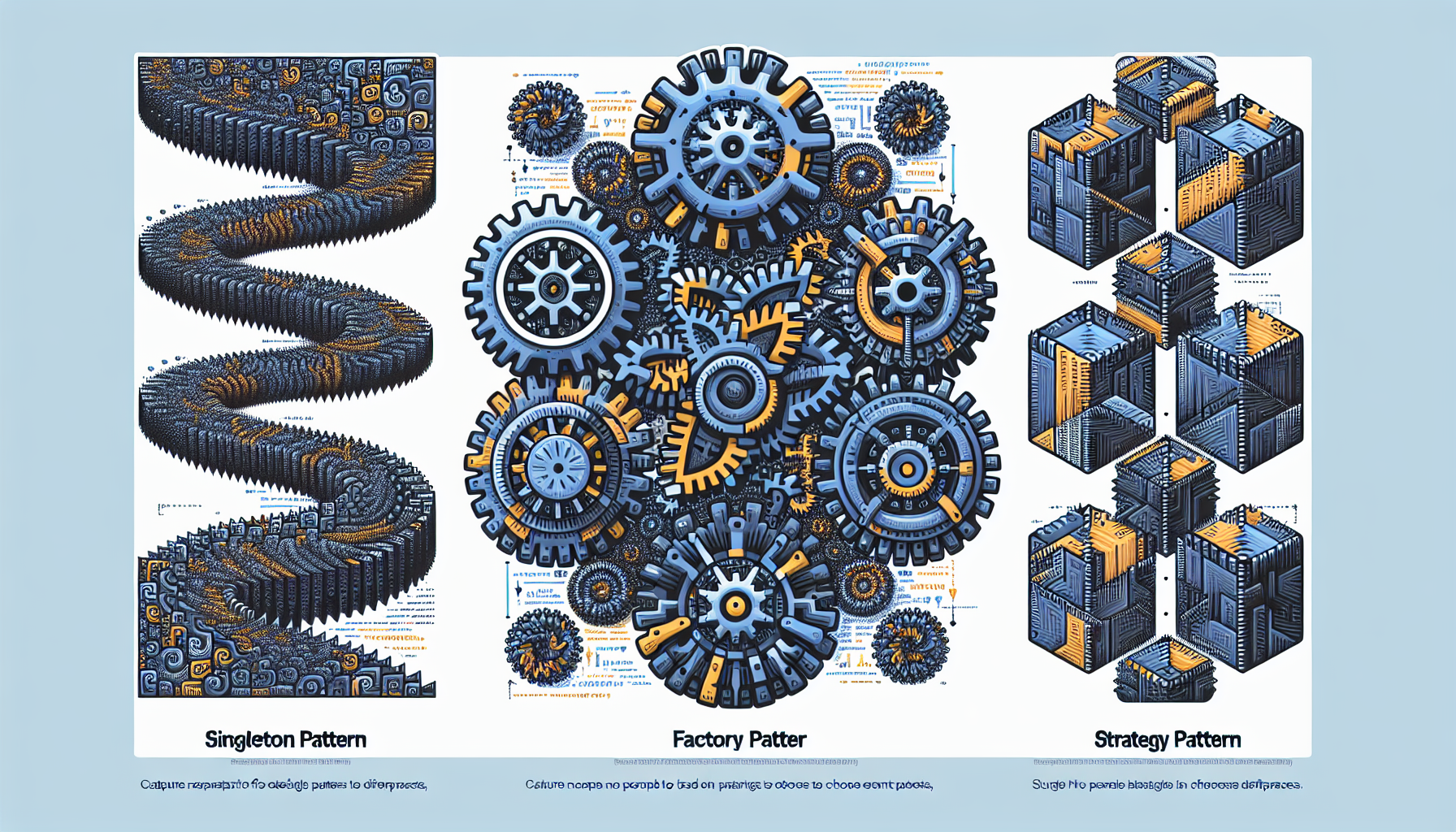 Visual representation of various design patterns used in PHP coding. Capture an abstract representation of the Singleton pattern as a continuously repeating fractal. Next, depict the Factory pattern as interlocking gears constructing different objects. Lastly, symbolize the Strategy pattern as a series of diverging pathways, illustrating the ability to choose different approaches. Ensure no people, text, brands, or logos are included in the illustration.