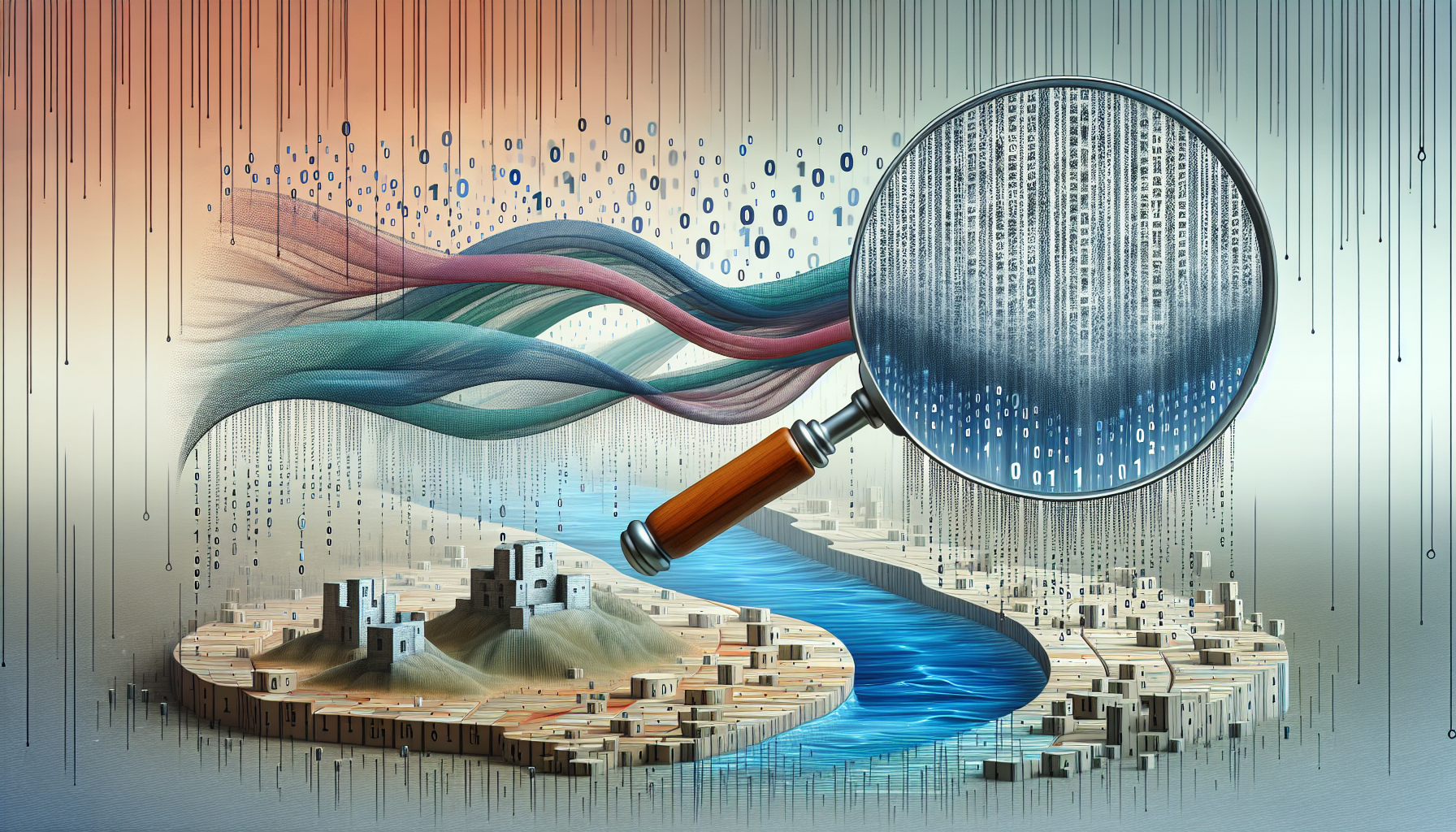 An abstract conceptual representation of the PHP filter functions for data validation. Think of a magnifying glass closely inspecting a series of binary codes (zeroes and ones) which are woven together into a fabric-like digital environment. There's a subtle filter liquid flowing over it, representing the data validation process. The environment is filled with neutral colors and the filters are vividly colored to stand out. Besides, an image of a strong fortress stands at the endpoint of the flowing liquid, representing the robustness of the validation. No brand logos, no text, no people.