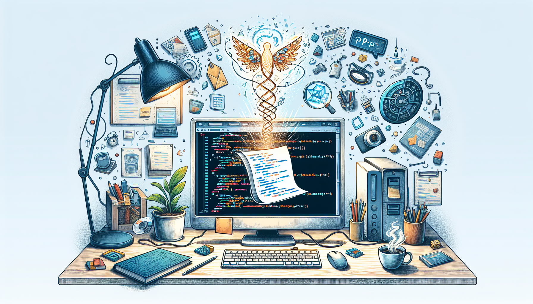 A detailed illustration showcasing a desktop environment where someone has been coding. On the computer screen, imply a PHP script without using any legible text. Beside the computer, an abstract representation of a dynamic PDF document is floating like magic, signifying the process of creation. To suggest the use of FPDF, show a visual element like a novel, creative symbol or emblem, again, without using any text. Create the impression of an organized, tranquil work area with items like a desk lamp, coffee mug, and indoor plants, ensuring that there are no brands or logos on any items.