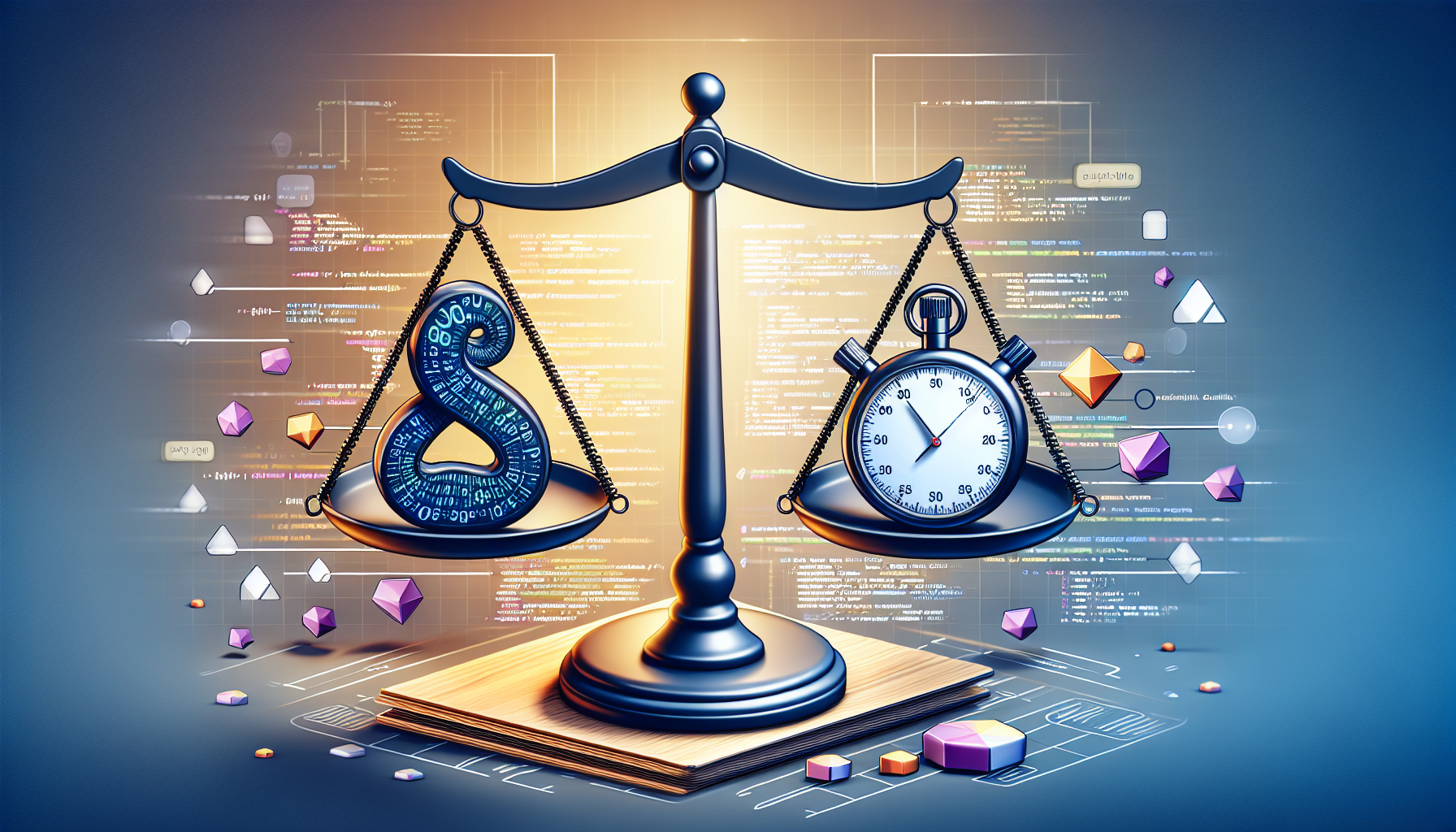 A descriptive, non-branded digital illustration depicting the concept of enhancing SQL queries for better performance in PHP applications. The scene depicts two arms of a balance scale. On one side, there are symbolic representations of PHP codes and SQL queries, shown as abstract shapes and lines. On the other side, a stopwatch indicating optimized performance. All elements are in digital 3D design style, with a high-tech color scheme and does not include any people, text, or brand names.