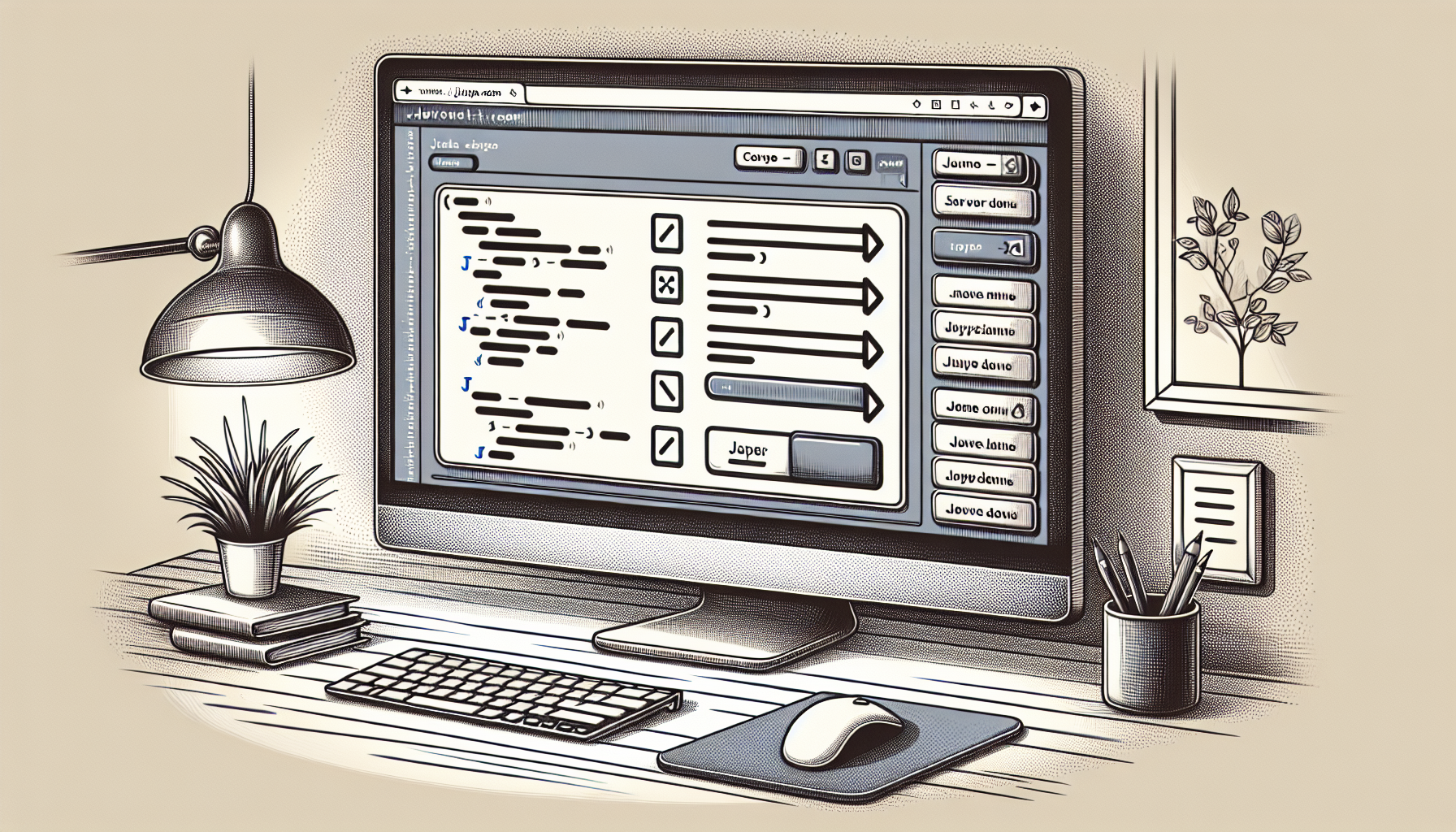 A detailed illustration of a computer screen displaying a webpage under development. It should highlight a drop-down menu created using JavaScript coding. There will be a small section of the page containing JavaScript commands responsible for the functionality of the dropdown menu. There should be visible mouse pointer hovering over the dropdown menu, under which several clickable options are displayed linearly. There are no brand names, logos, text on items, or people present in the image. The surrounding of the screen should be minimalist, with a desk and a neutral background.