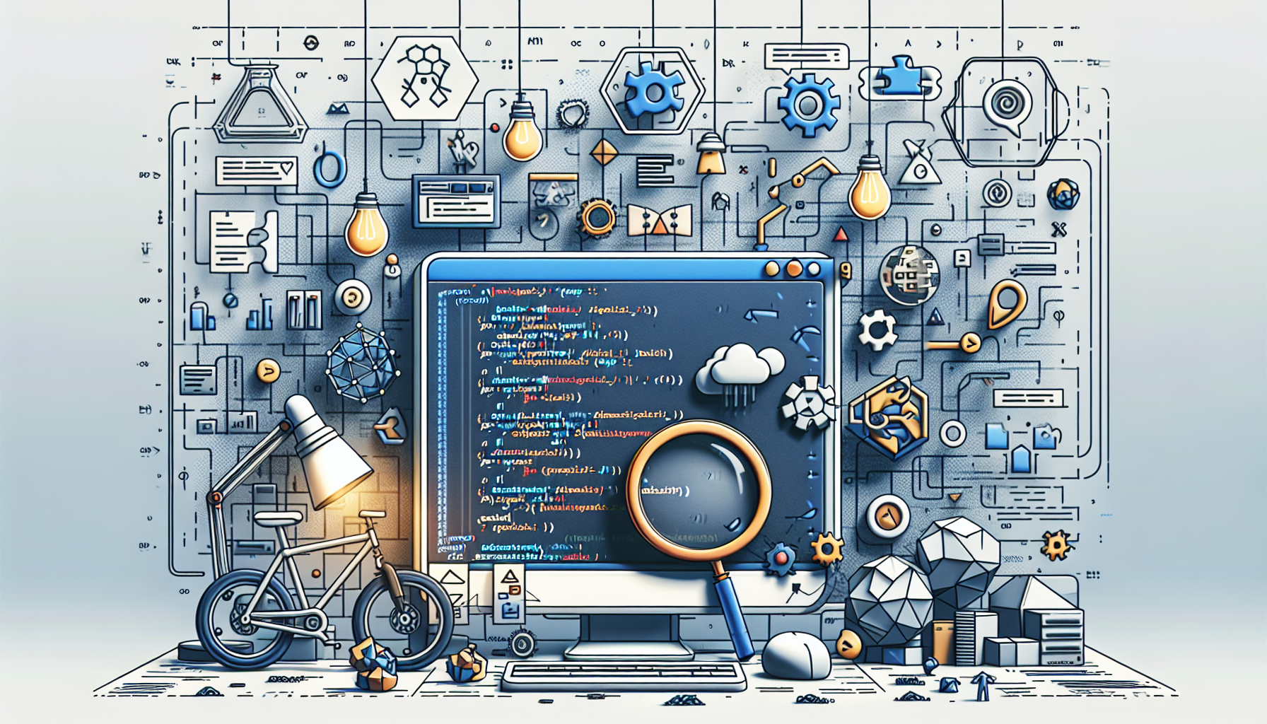 An abstract scene representing the concepts of JavaScript, programming, and best practices for beginners. Visualize a brightly lit workstation with an open code editor showing lines of code, symbols, and functions typical to JavaScript. Include symbolic representations of concepts like debugging, such as a magnifying glass hovering over the code, or modular programming, shown as interlocking puzzle pieces. Also feature elements suggesting 'beginner-friendly', like training wheels on a bicycle or a sturdy rock climbing wall with grips and ropes. Ensure there are no brand names, logos, individuals, or letterings present in this image.