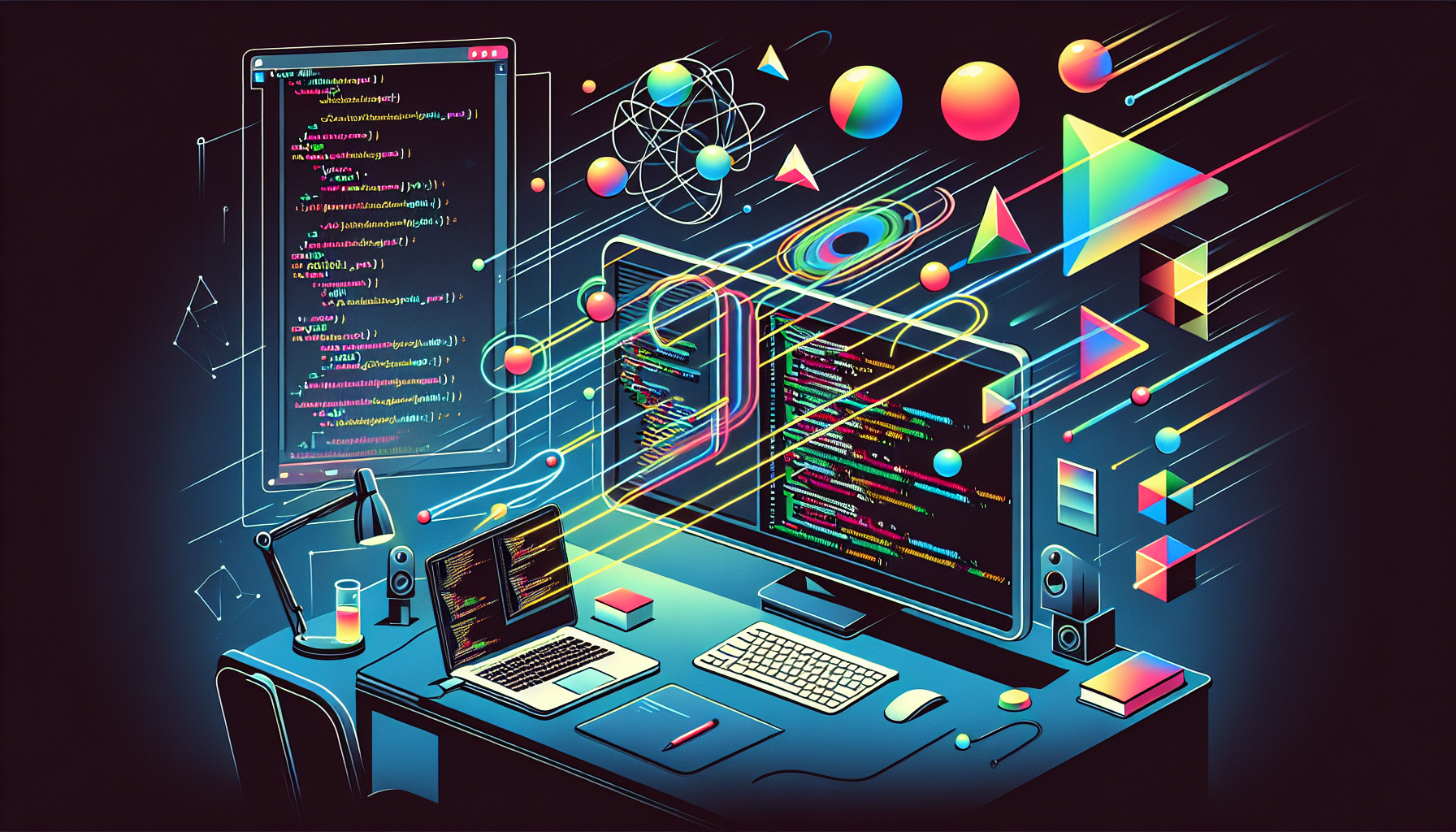 An illustrated guide demonstrating the process of creating animations with JavaScript. The first scene displays a sleek modern computer workspace with a code editor and a laptop opened to lines of raw JavaScript syntax, with vivid animations of geometrical shapes—circles, triangles, squares—emanating from the screen in an array of colors, showcasing the effect of the coded animations. The colourful geometry seems to be dancing in the air above the screen. The entire scene is void of brand names, logos, text on items, and does not include any human figures, strictly adhering to the creation process of animations with JavaScript.