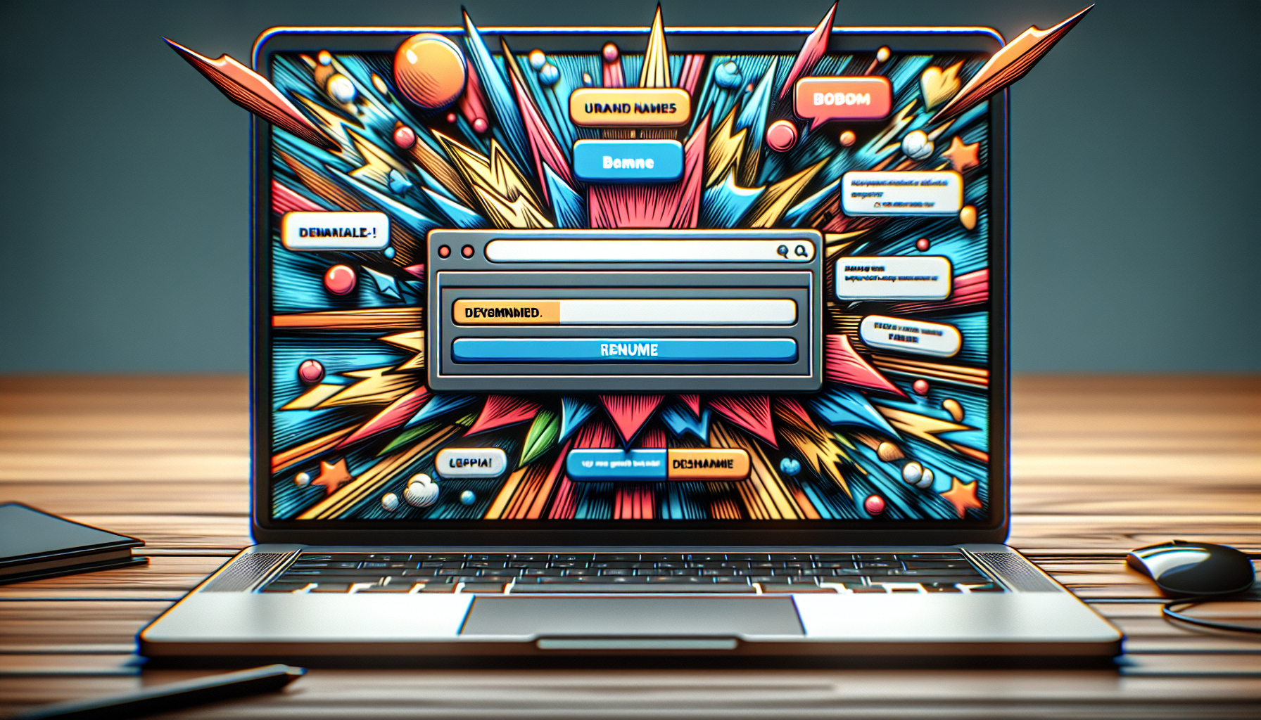 A generic laptop screen displaying distinguishing elements of a modal popup window. The window borders are highlighted in a vibrant color, drawing attention to its distinctiveness from the rest of the website. On the screen, there are also depictions of unlabelled, generic buttons and form fields within the modal popup. The keys on the keyboard are blank. Ensure no brand names, logos, or humans are included in the image. The overall scene should be infused with a dynamic yet user-friendly aura, without making use of any text or textual elements.