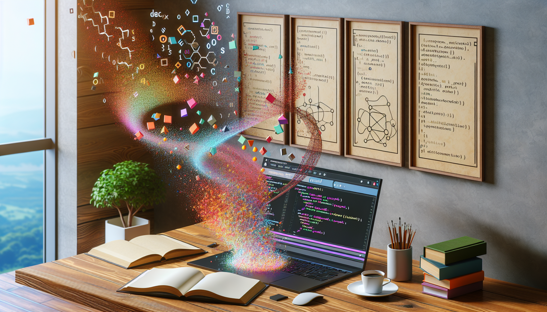 A computer science environment showcasing the process of creating custom events in JavaScript. Visualize a code editor displaying undecipherable coding language symbols and an abstract representation of custom events, perhaps as fluttering, colorful shapes in three dimensions emanating from the screen of the editor. Besides, an open book with blank pages and a cup of coffee should be on the table. Walls are adorned with framed but unidentifiable algorithm structures. The flooring is wooden and no brand logos or people are present.