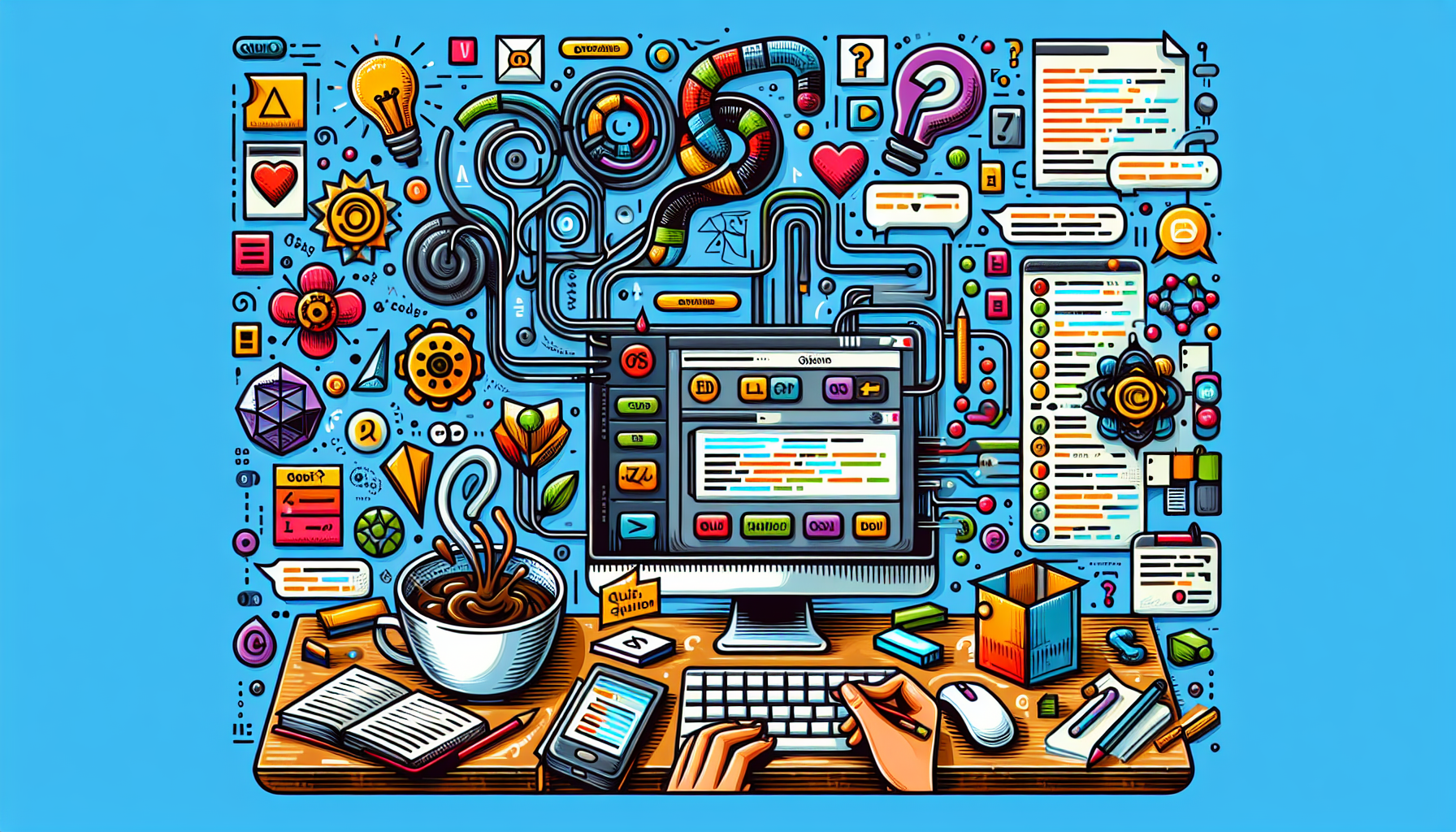 Create an image illustrating the concept of a Quiz App being developed using JavaScript. The image in question should contain elements such as a spilled coffee mug, a workstation with a computer and colored post-it notes, an abstract representation of JavaScript code through symbols, and an application interface composed of question and answer sections. Have an abstract, symbolic depiction of JavaScript as an illustrated entity interacting with the interface. Be sure all designs have no brand labels, wordings, human figures, and private text.