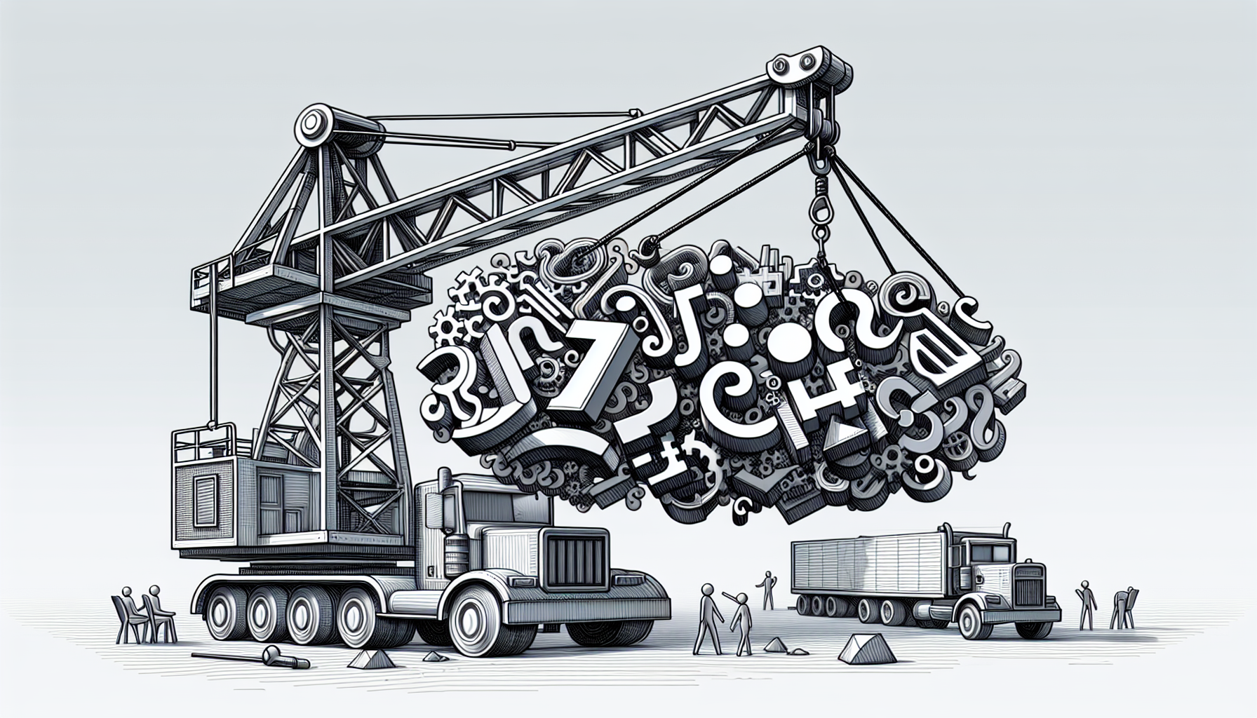 An image representing the concept of JavaScript hoisting without the use of literal text. Imagine a symbolic scene: a large metallic crane, not associated with any particular brand, in the middle of lifting a hefty load, visualizing the act of hoisting. Instead of regular weight, the load is a set of abstract shapes, each symbolizing different characteristics of JavaScript programming language, such as curly brackets, semi-colons, and other neutral but identifiable elements of code. Also, ensure the image is void of any human figures.