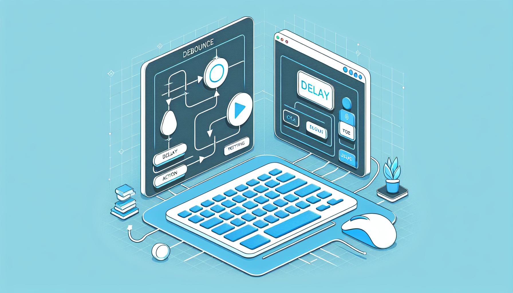 A minimalistic image showing the process of debounce in JavaScript without explicitly mentioning it. The depiction should feature a computer keyboard, a mouse, a flowchart, and symbols that represent 'delay' and 'action triggering'. Make sure not to include people, text, brand names, or logos in the image. The style should be modern and digital.