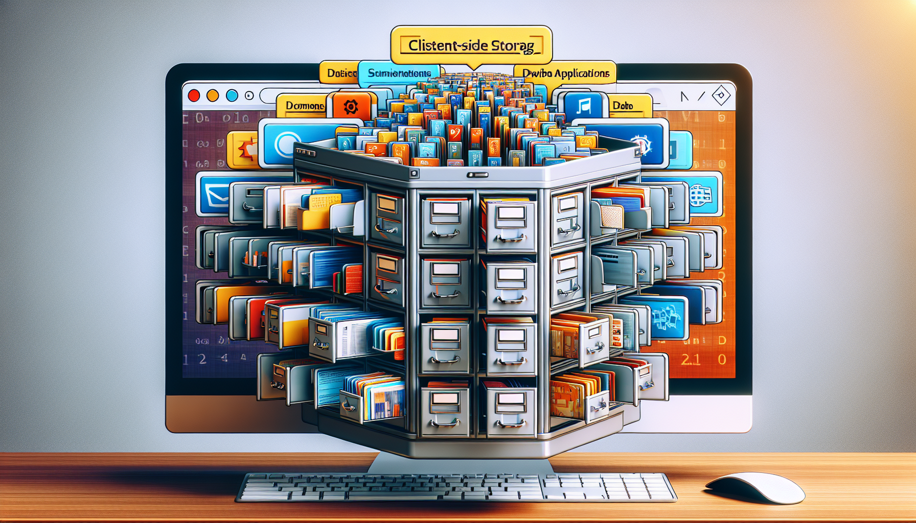 An abstract conceptual representation of client-side storage. The image features a computer desktop view with a browser window open. In the browser, different tabs indicate distinct web applications. A visual metaphor of a traditional filing cabinet transformed into a digital format appears, replacing one tab to symbolize IndexedDB. Inside the drawers of the digital cabinet, visualize different types of data like images, documents, music notes, each placed in different compartments. Make sure no brand logos or identifiable labels are visible. Ensure the color scheme is neutral and engaging.