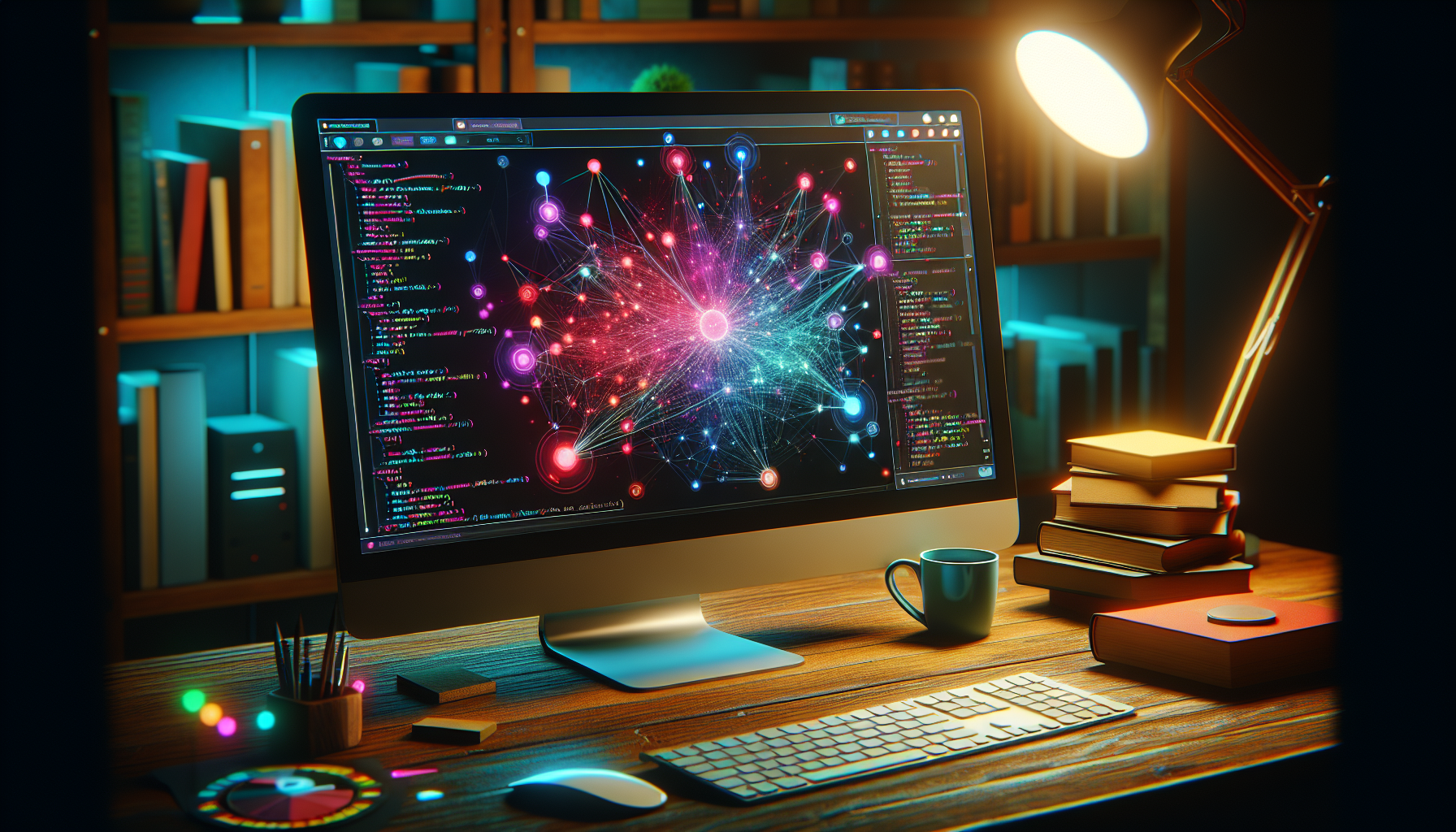 Show a computer monitor on a wooden table, surrounded by coding books and a coffee mug. The monitor screen is displaying an abstract representation of an interactive timeline which is composed of vibrant colors. It includes connected nodes or points representing different periods of time on the timeline, along with expanding interaction effects when a node is hovered on. The mouse cursor is hovering over one of the nodes. Everything is in a cozy and illuminated environment.