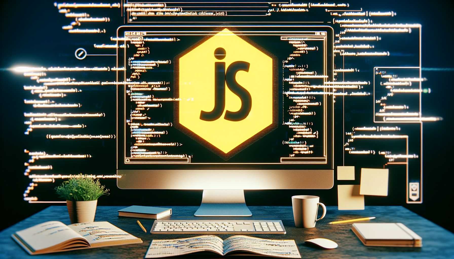 An image devoid of human figures and text. The scene features a project workspace that includes symbolical representation of JavaScript. This could be the yellow JS emblem, without the letters 'JS', displayed on a computer screen without any brands, logos or operating system interface visible. It seems like the screen is running a custom application, implied by the unique icons spread across the page. The desktop is cluttered with various coding resources such as a note pad filled with handwritten function designs, a coffee cup and a stack of web development books, all of them generic and unbranded.