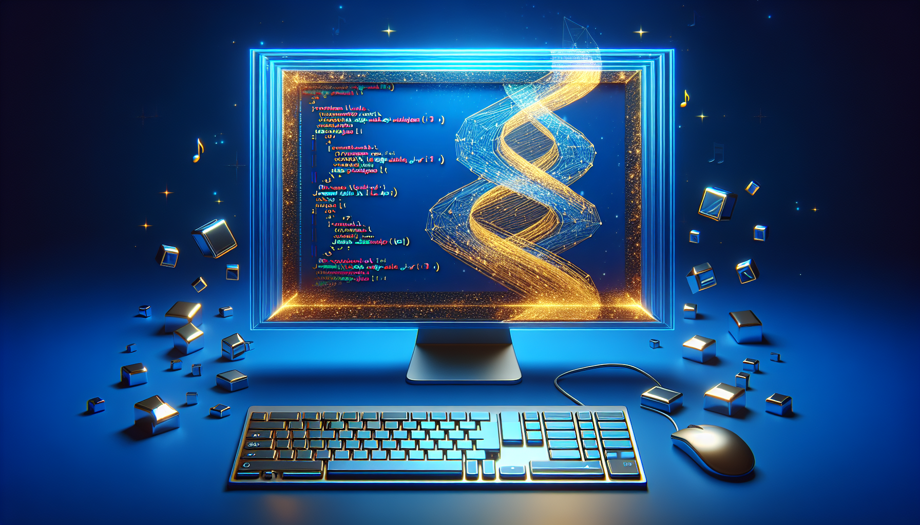 An abstract visual representation of JavaScript code implementation. Display the coding process of a custom slider interface without including any people or text. The scene involves a vivid blue screen, symbolizing a computer monitor, with golden lines shaping into a slider, illustrating the process and the result. A silver keyboard in front of the screen, with keys made from blocks to ensure there are no letters or numbers visible. Avoid any brand names, logos, or recognizable trademarks.