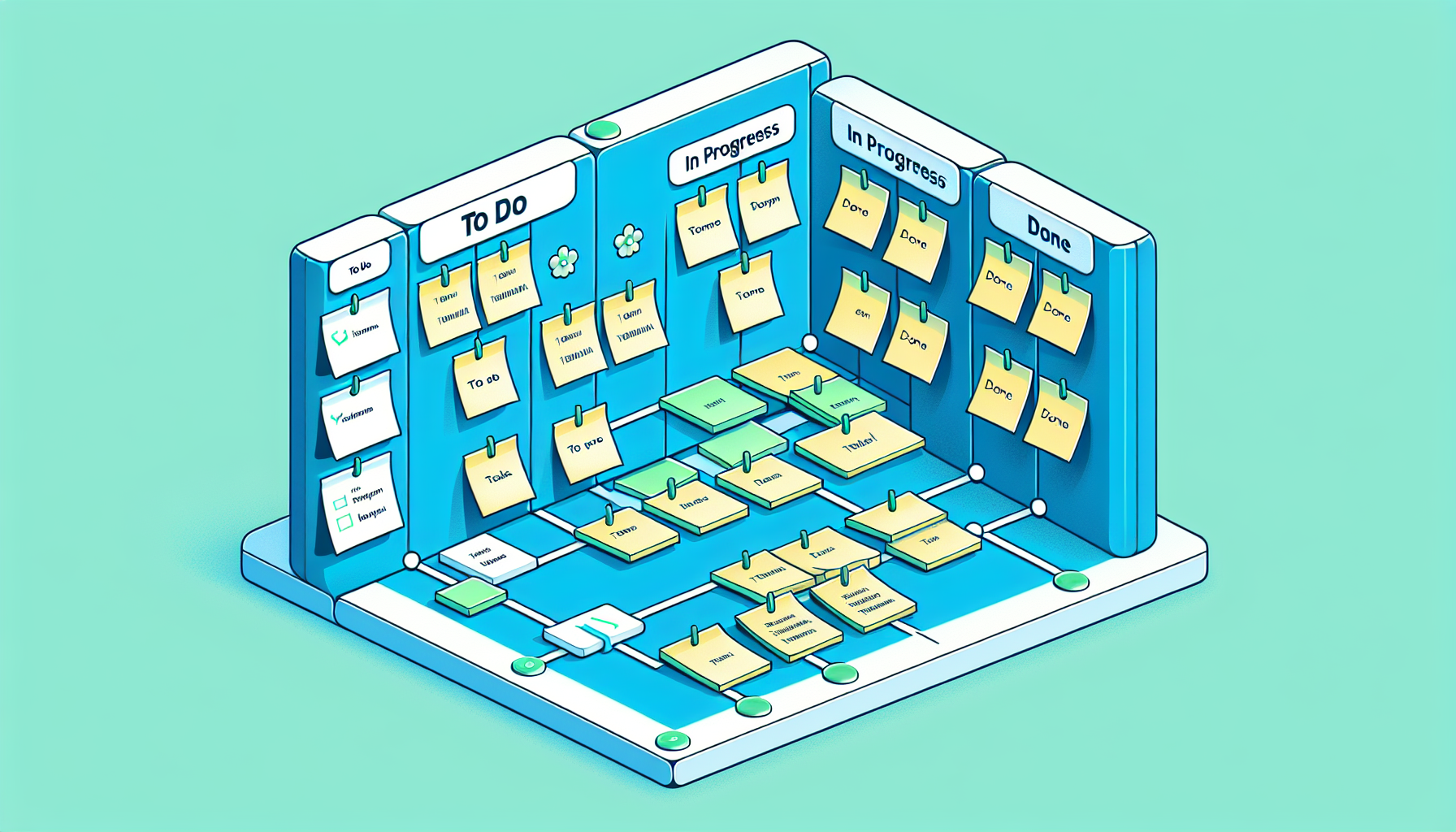 Illustrate a detailed visualization of a Kanban board created using JavaScript. The board should have important elements like columns for 'To do', 'In progress', and 'Done'. Each column should be crammed with virtual sticky notes, denoting tasks at various stages of completion. The board should display an intuitive, clean, and minimalist design, reflecting efficient use of JavaScript for building such organizational tools. Remember not to have any text on the board or items, no people, brand names, or logos should be depicted as well.