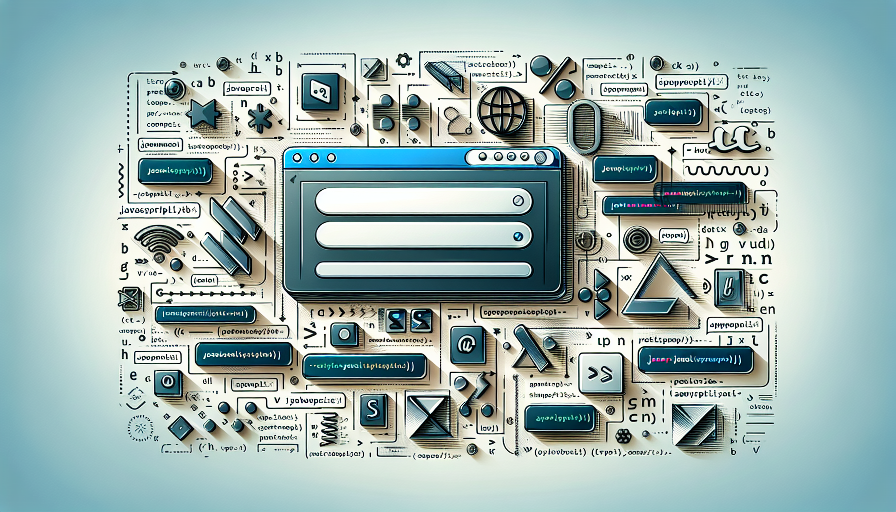 An illustrated image showing the process of creating a navigation bar using JavaScript symbols and coding elements. The navigation bar is shown at the top of a browser window, and it's represented as a series of rectangular buttons. Various JavaScript symbols float around it, like curly braces, semicolons, and various coding elements, indicative of the coding process. The JavaScript logo, which is not a representation of any brand, is also subtly present in the background. This entire scene is without any textual elements or people. Please note that there is no brand or logo, and no text or people present in the image, keeping everything abstract and symbolic.