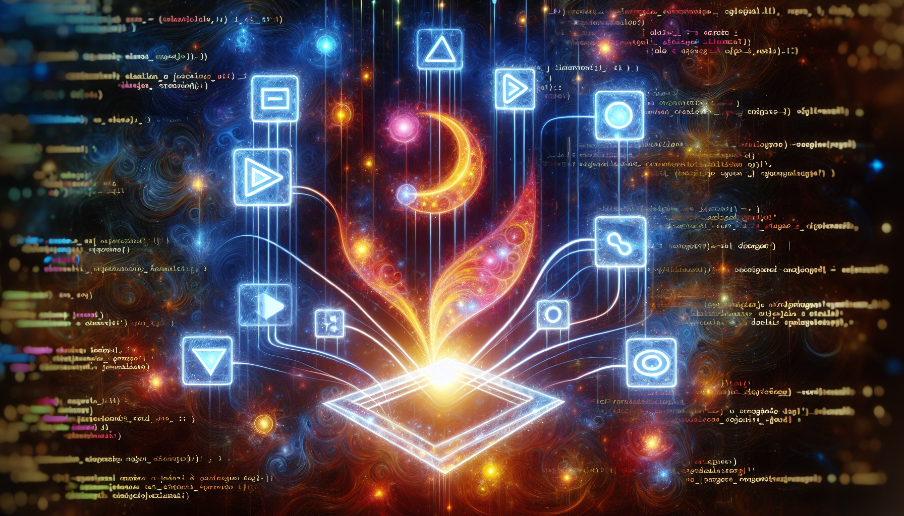 A detailed and colorful digital artwork depicting the process of creating custom dropdown menus with JavaScript. In the heart of the image, visualize an abstract representation of a JavaScript symbol made from glowing energy, surrounded by floating dropdown menus. Despite these being abstract, they must be easily recognizable as what they are meant to represent. These dropdown menus should have various options being displayed but without any actual text. The background should express the digital realm, perhaps with lines of blurred, unidentifiable code. Remember to ensure that there are no people, logos, or brand names within the image.