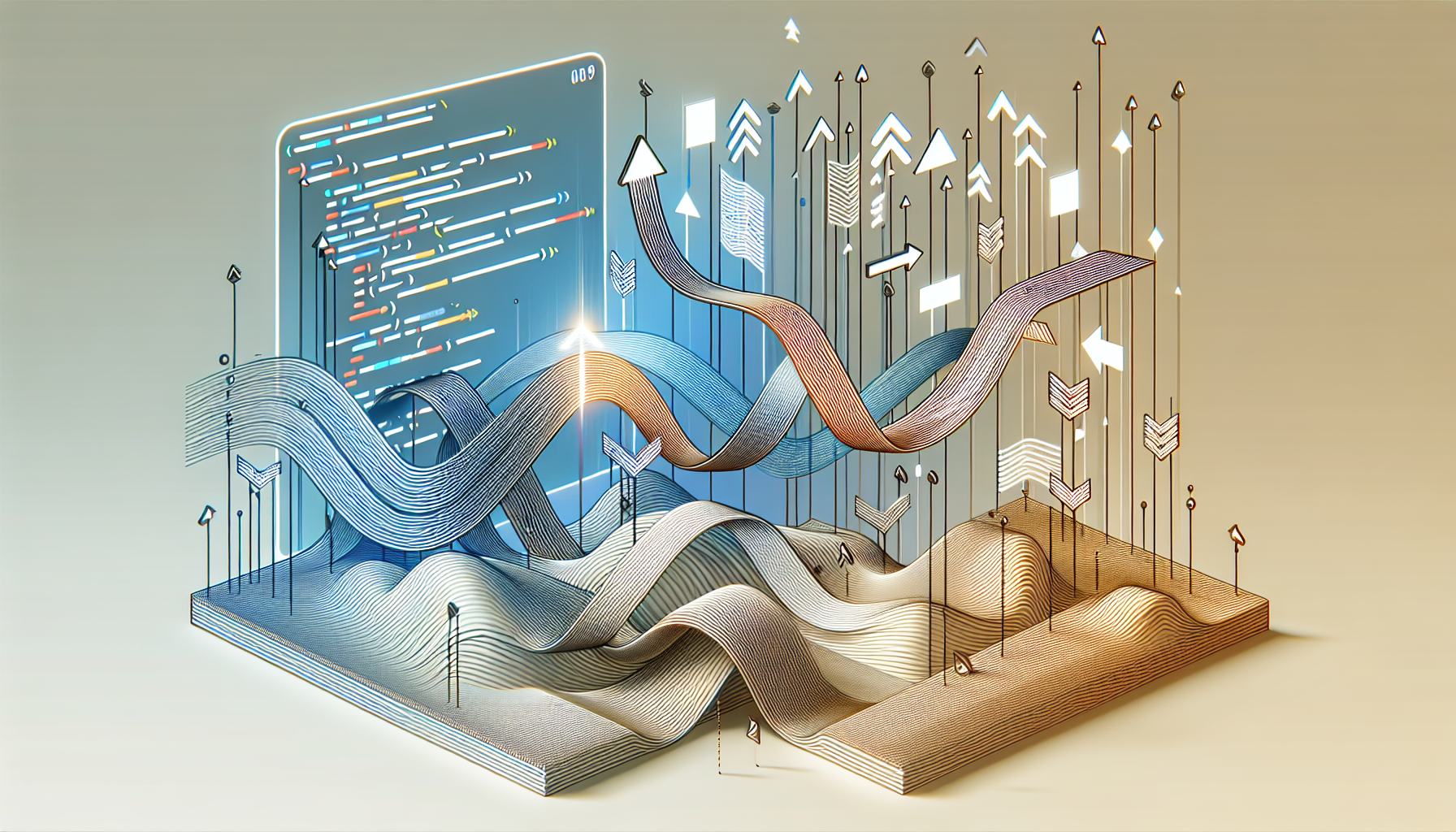 An abstract representation of 'JavaScript Promises' and asynchronous operations. This involves taking into account visual interpretations of the concept. Show a digital landscape with multiple threads flowing and intertwining, symbolizing various processes, with a larger thread marked with chevrons or arrows to represent a 'Promise'. These threads emerge from a non-branded abstract computer or coding terminal. Aside from these elements, the image should be clean and minimalistic; there should be no text or logos present, no appearances from people, and no brands featured.