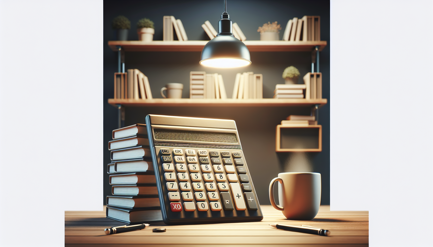 A concept illustration for an article about building a simple calculator using JavaScript. The image depicts a calculator with clear, unmarked buttons, placed next to a pile of unmarked books on a simple wooden desk. The desk is under a hanging light bulb that casts a spotlight on the calculator, suggesting focus and concentration. There's a coffee mug, which is visibly steaming, positioned beside the calculator. In the background, out-of-focus wall-mounted shelves adorned with unmarked books and small potted plants create a library-like setting. No people, brand names, logos, and text are included in the image.