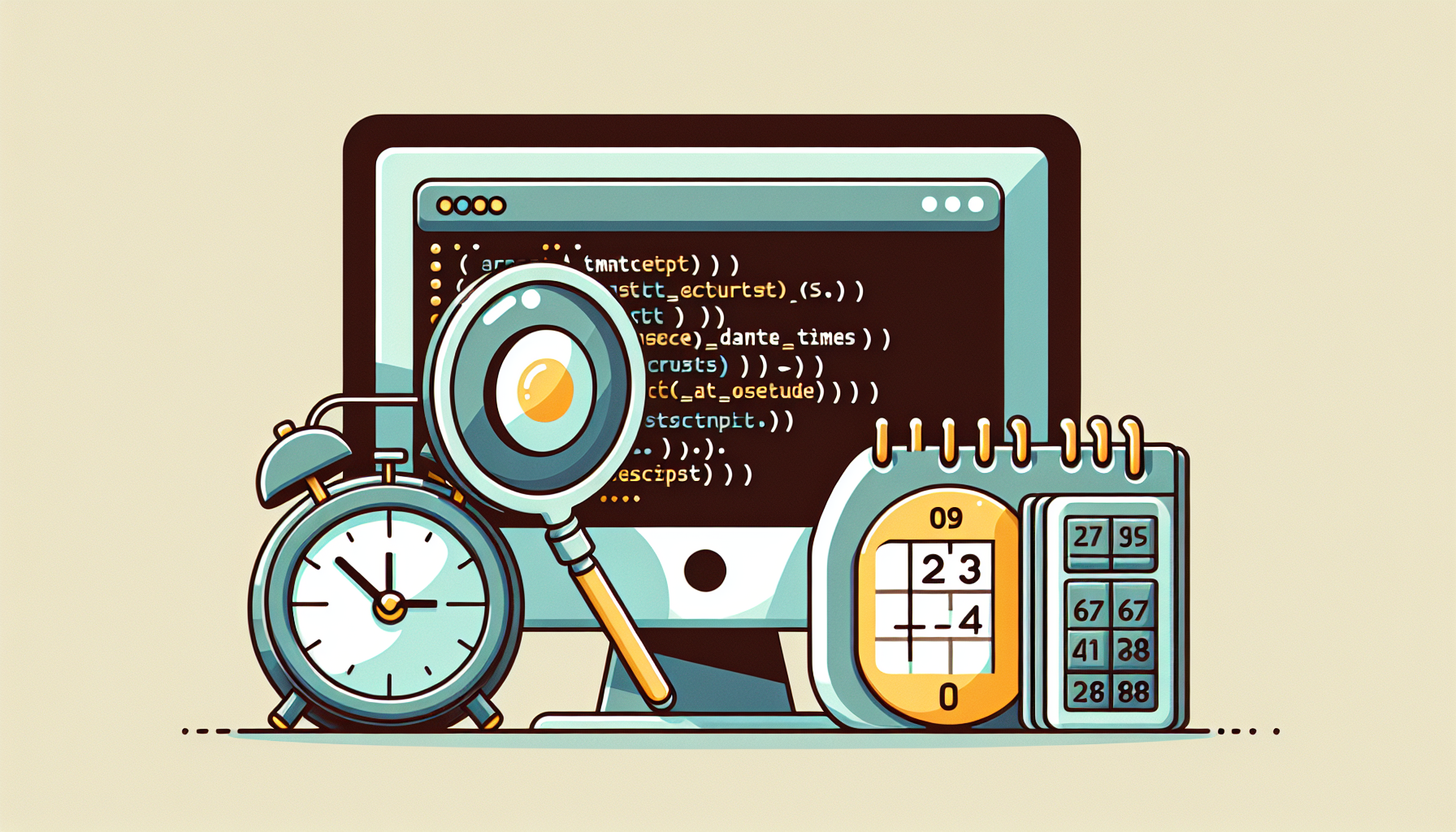 Create a visual representation of handling dates and times in JavaScript without including any text. The image should feature a digital clock and calendar with generic symbols, and a magnifying glass hovering over the code on a computer screen, emphasising the relationship between the three. The colours should be neutral and suitable for a professional setting with no presence of people, brands, logos, or text on the items.