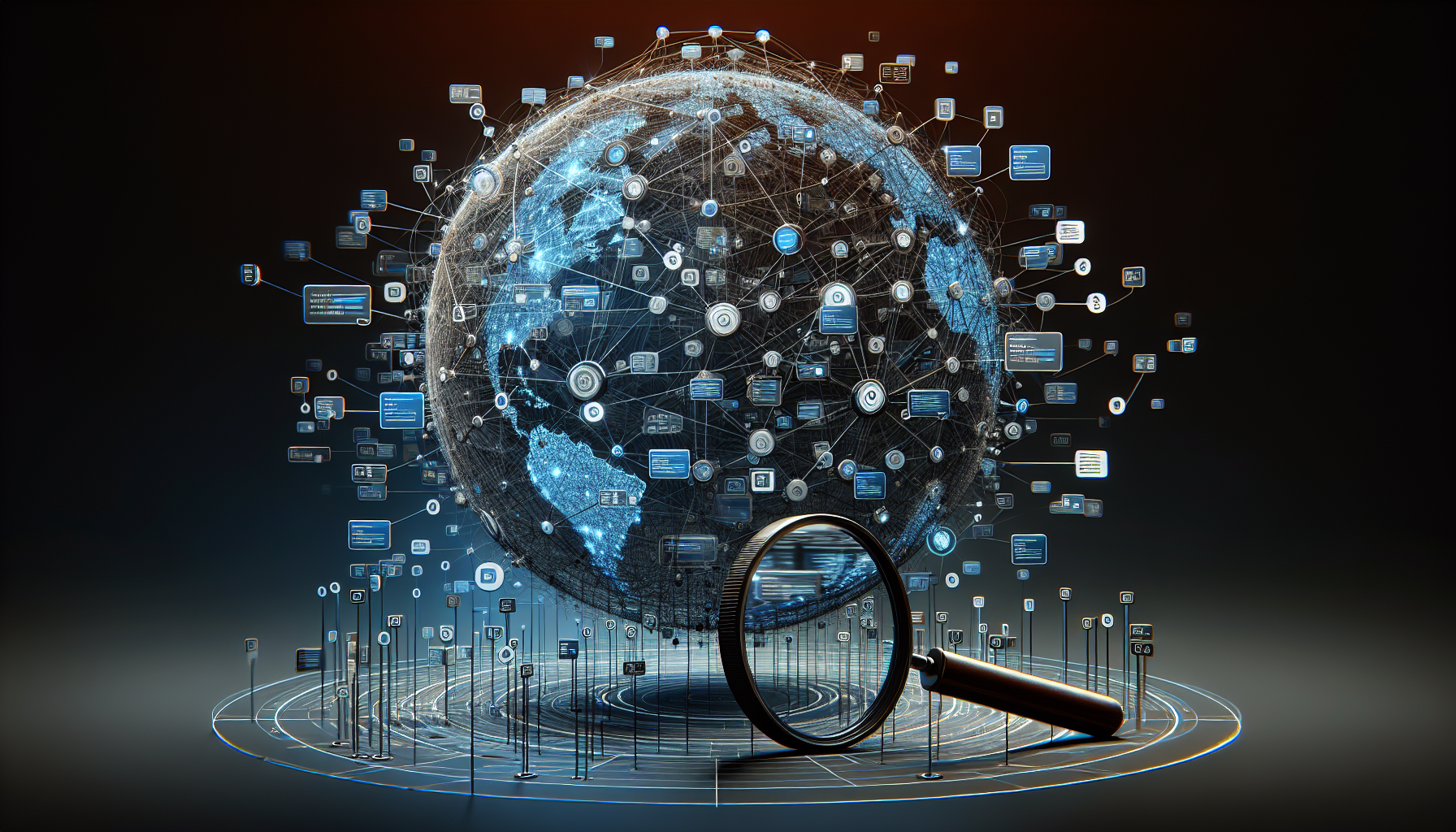 A visual representation of internet connectivity and data exchange, presented in an abstract manner to imply JavaScript and the Fetch API. The image consists of a large web or net-like structure, interconnected nodes signifying the network, with data packets flowing across, supporting indirect representation of the Fetch API. A large symbolic magnifying glass hovers above the network revealing the intricate details of the data flow, indicating the understanding and deciphering of JavaScript code. No text, brand names, logos or people are present in the image. It should convey the essence of a quick-start guide to JavaScript and Fetch API.