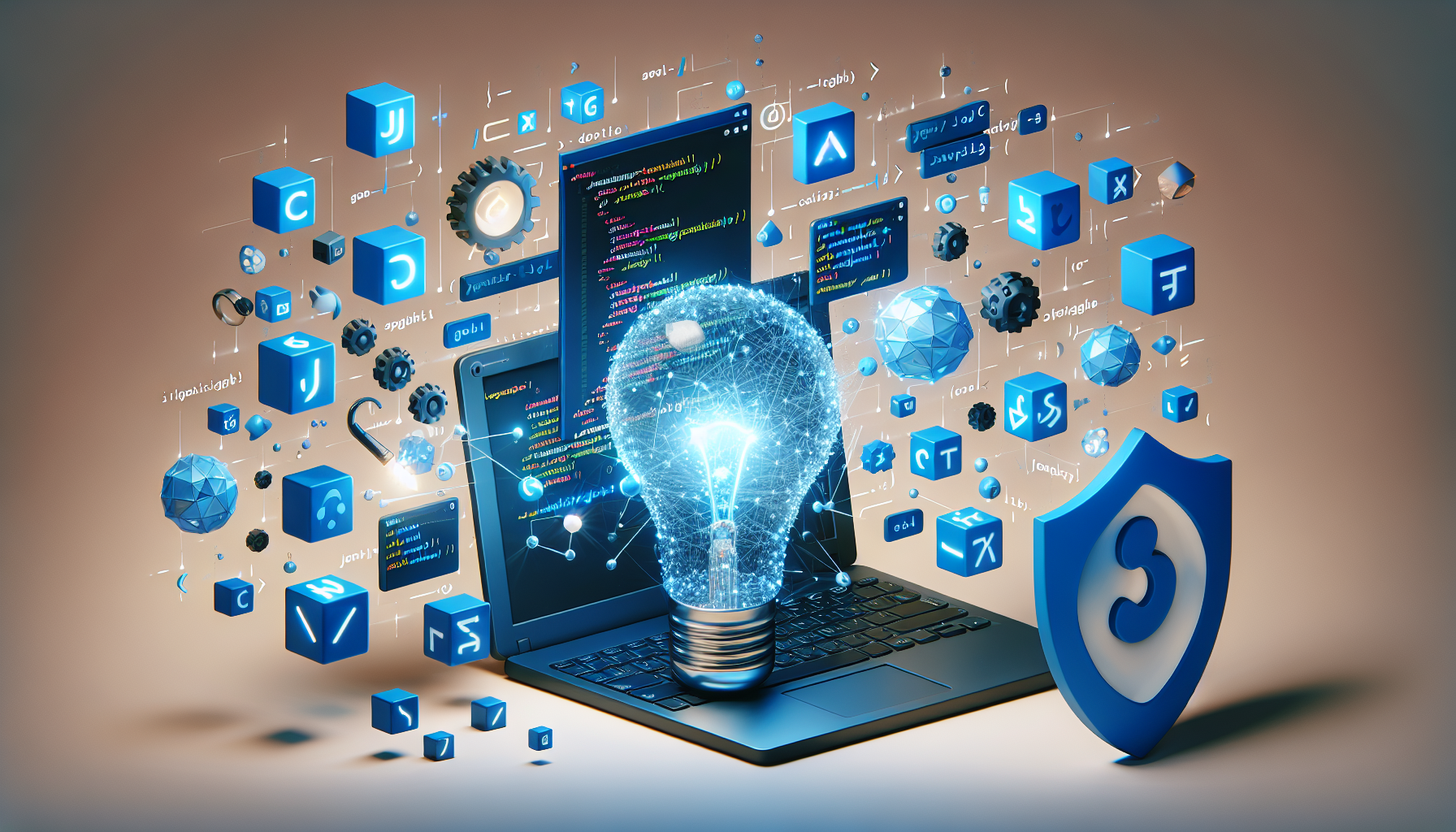 An abstract representation of JavaScript language and form validation principles. Showcase an open coding terminal illuminating blue JavaScript syntax symbols, a lightbulb signifying best practices and a 3D protective shield depicting form validation, all floating in front of a neutral background. Discard any brand names, text, logos or human figures in the composition.