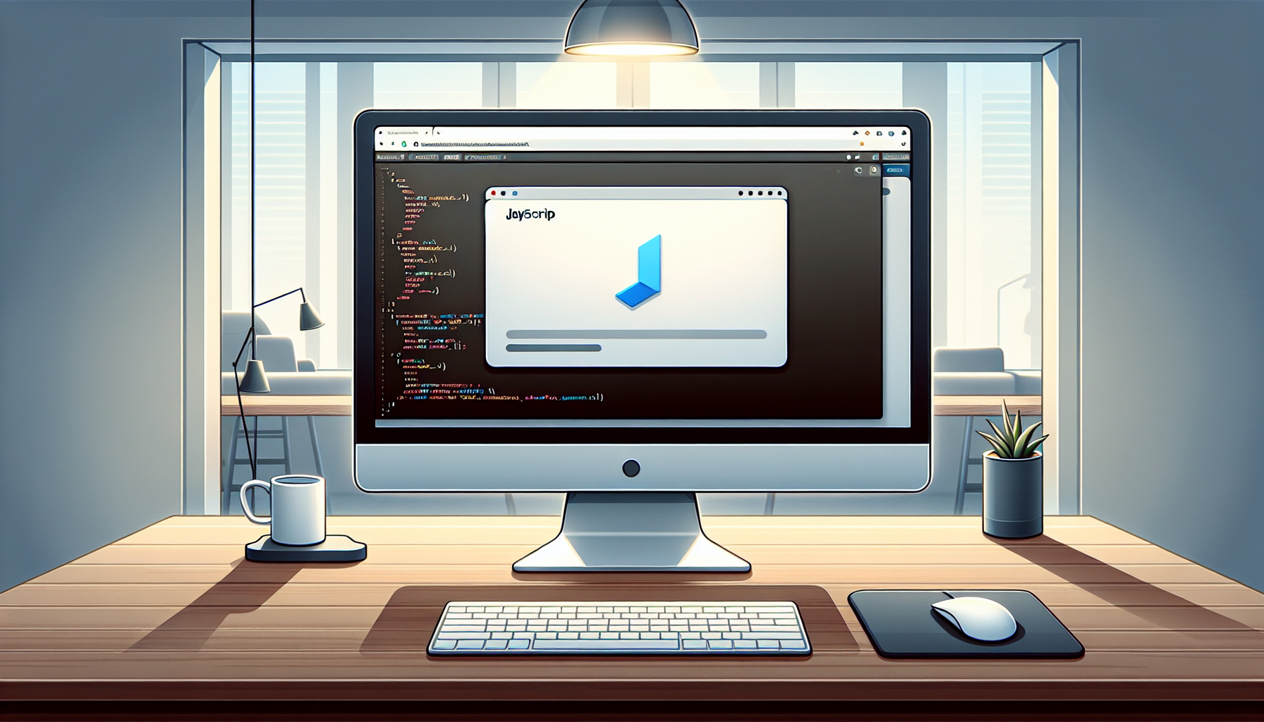 A detailed illustration of a clean, minimalist computer screen on a wooden desk with two custom tabs opened. The first tab is glowing to indicate it's active and showing a stylised JavaScript logo (excluding any text or brand names). The second tab is slightly faded, indicating it's inactive. The screen is surrounded by a keyboard and a mouse but with no text, logos or brand names on them. The room has a modern, well-lit aesthetic with a comforting balance of artificial and natural light, adding a friendly and welcoming atmosphere suitable for programming.