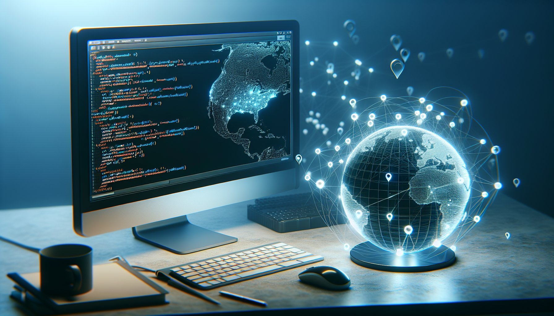 A scene representing programming and geolocation. On one side, show a desktop computer with a code editor open indicating JavaScipt code: arrays, functions and variables. Please ensure that no actual text is visible. On the other side, depict a transparent globe glowing with multiple points of light spread across it signifying geolocation markers. Interconnecting lines between the computer and globe could suggest the interaction between the two. The setting is in a clutter-free, modern workspace. Avoid including people, brand names, or logos. Maintain a neutral or soft color palette.