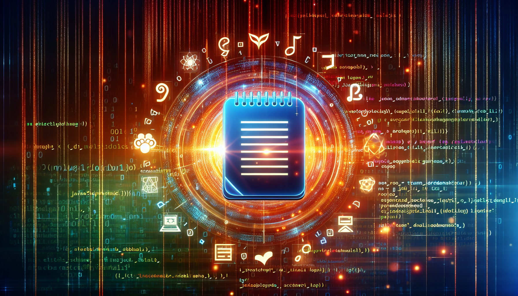 An illustration for an abstract digital concept related to note-taking and programming. At the center of the scene, show code symbols and JavaScript language insignias coming together to form a note icon, symbolizing the creation of a note-taking app. The background is a radiant matrix of binary digits, showcasing the digital atmosphere. There are no people, no brand names, and no logos present. The image is vibrant, dynamic and visually stimulating, and does not contain any text or labels.